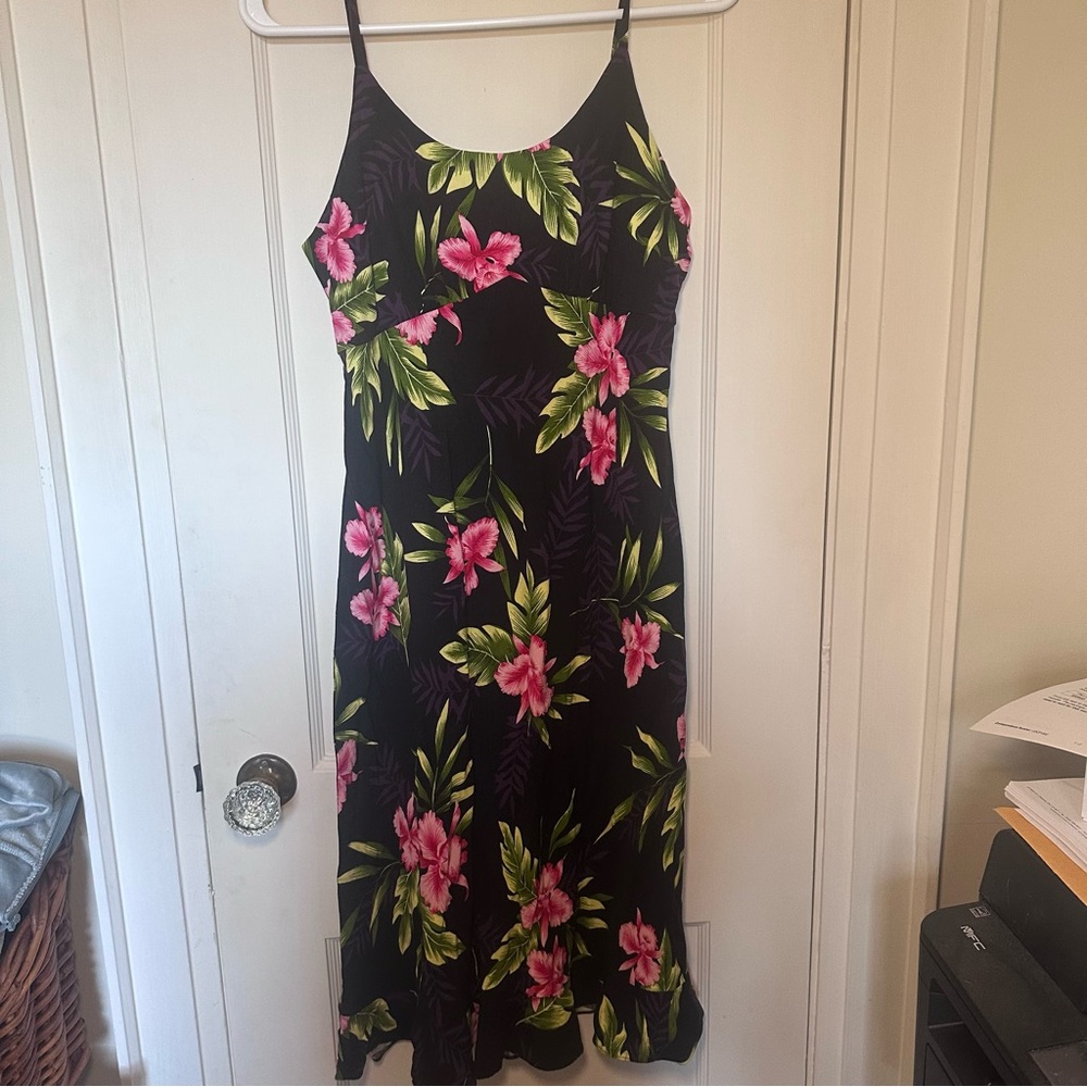 Hawaiian Black/Pink Floral Dress, Vintage, Tropical, Beach, Wedding, Vacation
